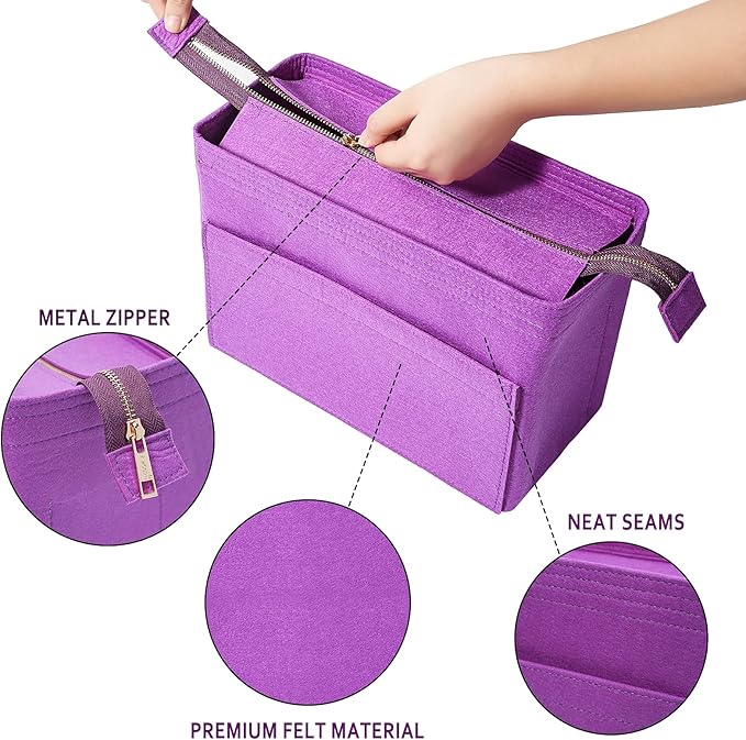 Vercord Felt Zipper Handbag Tote Purse Duffel Backpack Organizer Insert Purple Small