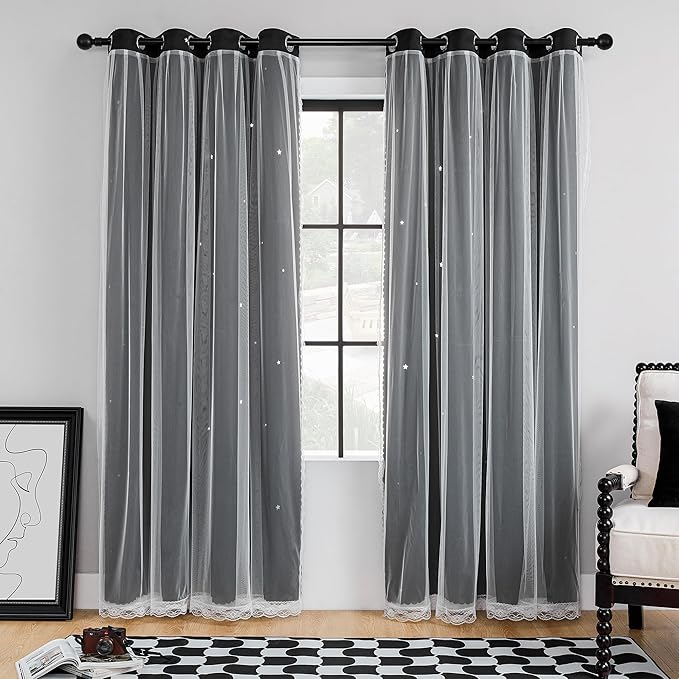 XiDi Black Out Curtains, Curtains for Girls Bedroom Decor, Unicorn Curtains for Kids Room, Black and White Curtains Blackout Curtains for Living Room 52 inches Wide 2 Panel Black