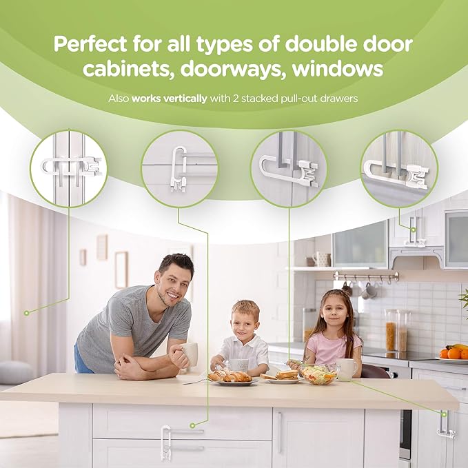 Sliding Cabinet Locks (4-Pack) 8 inch, Multi-Purpose Child Safety Lock by Skyla Homes - No Tools or Drilling Required, Best for Baby Proofing, Strong ABS Free Plastic Knob Cover