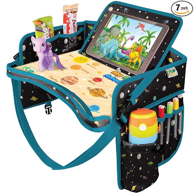 Car Seat Tray for Toddler - Waterproof Carseat Table Top - Kids Travel Tray - Travel and Road Trip Essentials Kids - Lap Desk with Storage -Baby Airplane Travel Accessories (Black)
