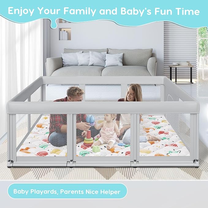 Fshibila 74" ×50" Baby Playpen with Mat, Baby Playard for Babies and Toddlers, Play Pens for Indoor & Outdoor, Sturdy Safety Play Yard with Soft Breathable Mesh, Anti-Fall, Grey