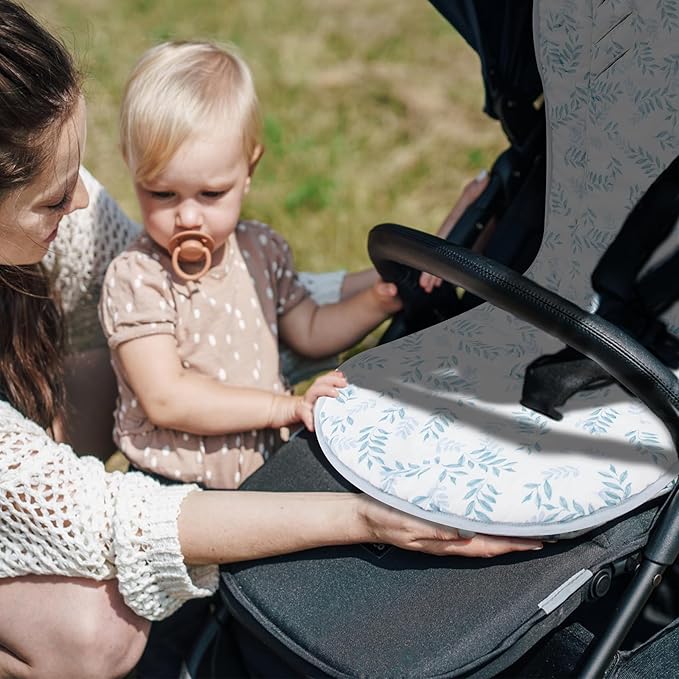 Baby Stroller Cushion,Soft Minky Dotted and Printed Stroller Seat Liner-Reversible Universal Breathable and Soft Newborn Stroller Pad, Cotton Infant Car Seat Insert-82x37cm,1 Pack(Blue Leaves)