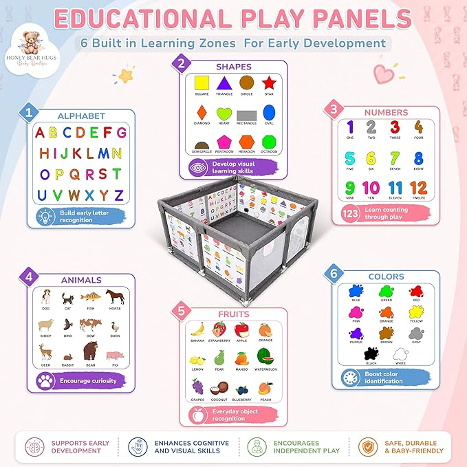 Baby Playpen 50x50 - Educational Play Yard with 6-Sided Learning Panels - Toddler Play Area Indoor Outdoor - Breathable Mesh Safety Enclosure
