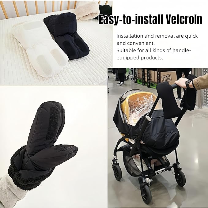 Winter Baby Stroller Hand Muffs, Waterproof Windproof Warm Gloves with Lamb Wool Lining, 12x6 Inch Oversized Stroller Handle Warmers with Magic Tape (White)