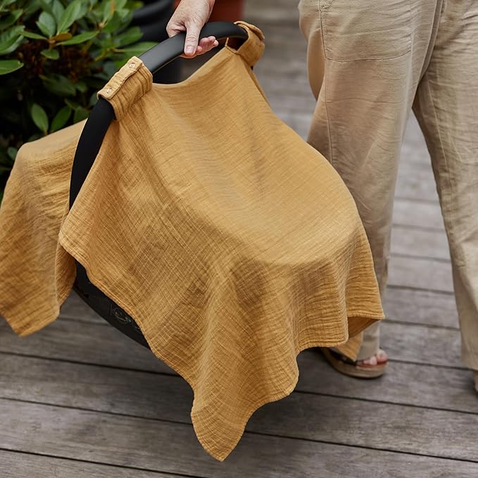Car Seat Cover Baby - Organic Muslin Cotton - Carseat Canopy - 43" x 32" (Autumn Yellow)