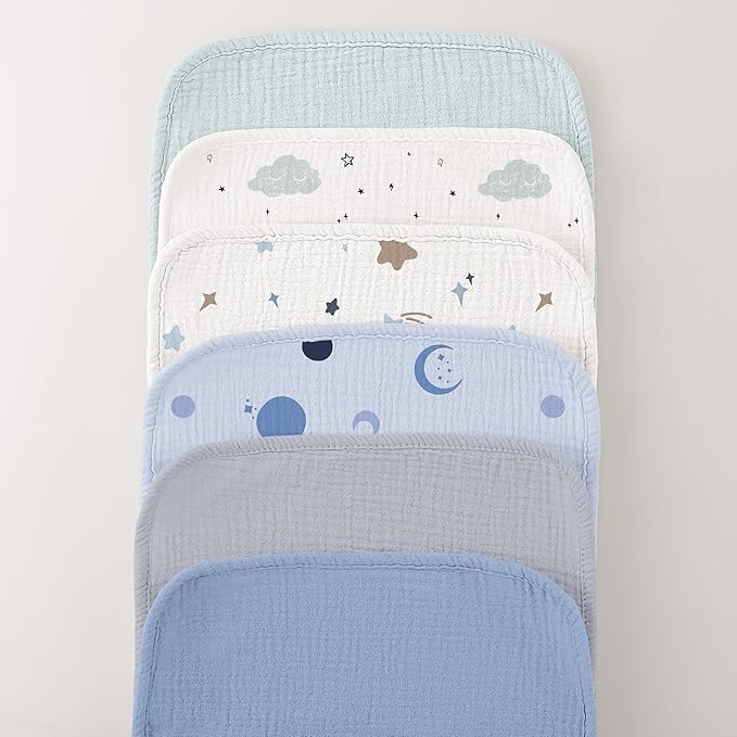 Bearmoss Muslin Burp Cloths, 100% Cotton Baby Burping Clothes, Large Extra Soft Absorbent for Unisex Newborn Boy and Girl, 20x10in, 6 Pack, Blue Print