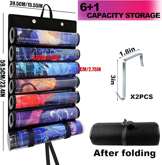 Playmat Holder, Playmat Tube Storage Bag for MTG with 2 Hooks, Fits 6+1 Game Mats & Tubes with Transparent Plastic Slots, Portable Organizer Case for TCG/RPG Mat (Pink)