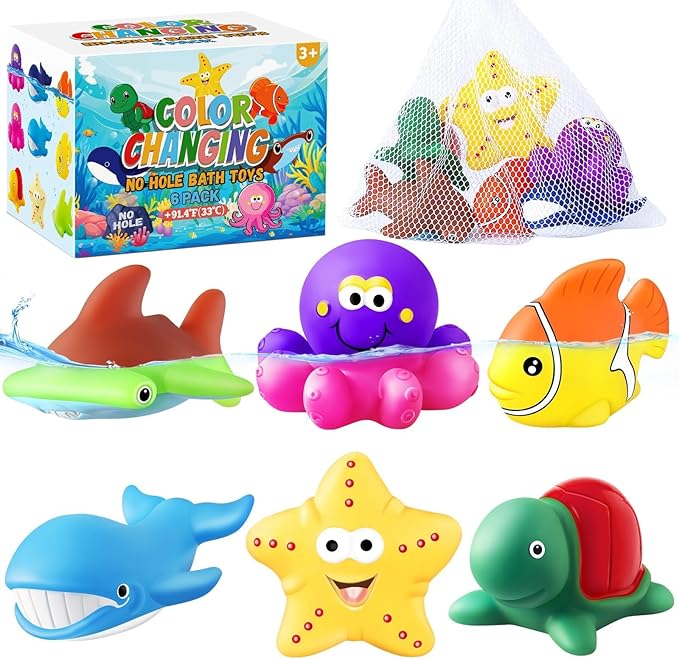 Toddler Valentines Day Gifts Color Changing No Hole Bath Toys for Kids Ages 1-3 4-8, Toddler Bath Toys Sea Creatures Birthday Valentines Gifts Pool Bathub Beach Water Toys Sea Animal with Drying Bag