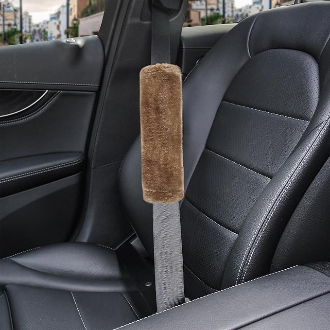 Amooca Soft Faux Fur Universal Fit Seatbelt Cover Car Truck SUV Airplane Seat Belt Shoulder Pad for Carmera Backpack Straps Neck Cushion Protector 2 Pack 10.5in Brown