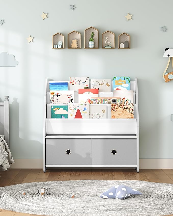 CHOEZON Kids Bookshelf and Toy Storage, 4 Tier Large Capacity Kids Book Rack, Sling Kid Bookcase, for Kids Room, Nursery, Playroom, White and Gray MCW06WT