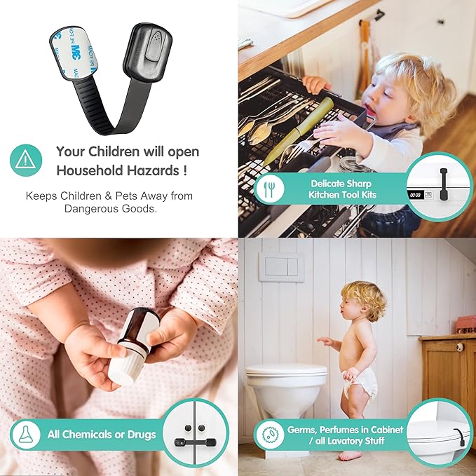 Baby Proof Cabinet Lock & Straps Latches Child Drawer Latches with 3M Adhesives Adjustable Non Drilling Safety Cabinet Locks Straps Baby Drawer Locks for Kids Baby Multi-Function 12 Pack (Black1)
