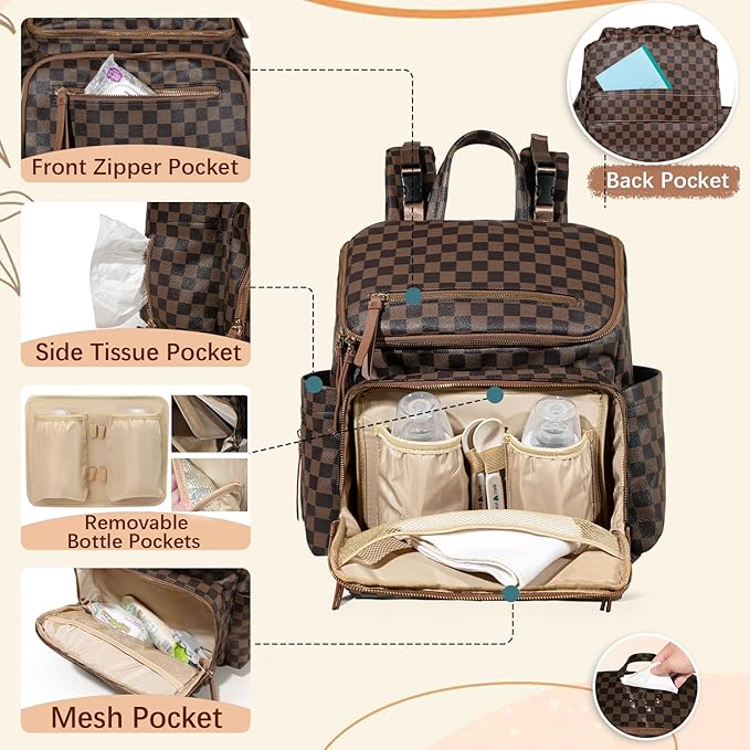 Omanmoli Checkered Diaper Bag Backpack Large Baby Diaper Bag Leather with 17 Diaper Bag Organizing Pouches,Changing Pad,Stroller Straps,4 Insulated Pockets, Coffee
