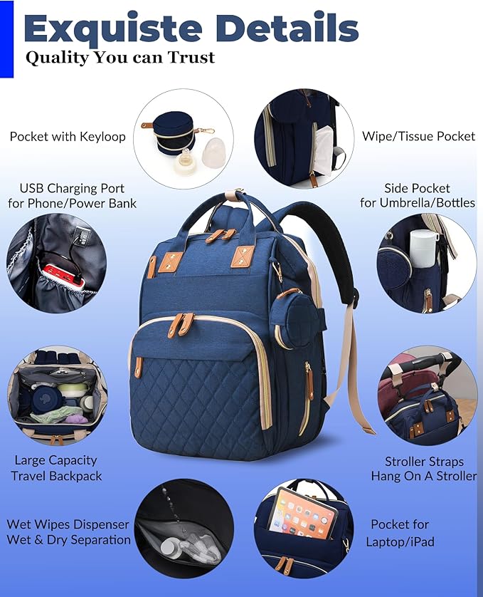 Lamroro Diaper Bag with Changing Station, Waterproof 3 in 1 Baby Diaper Backpack with Foldable Changing Pad, Large Travel Back Pack for Baby Girl Boy, Baby essentials, Blue
