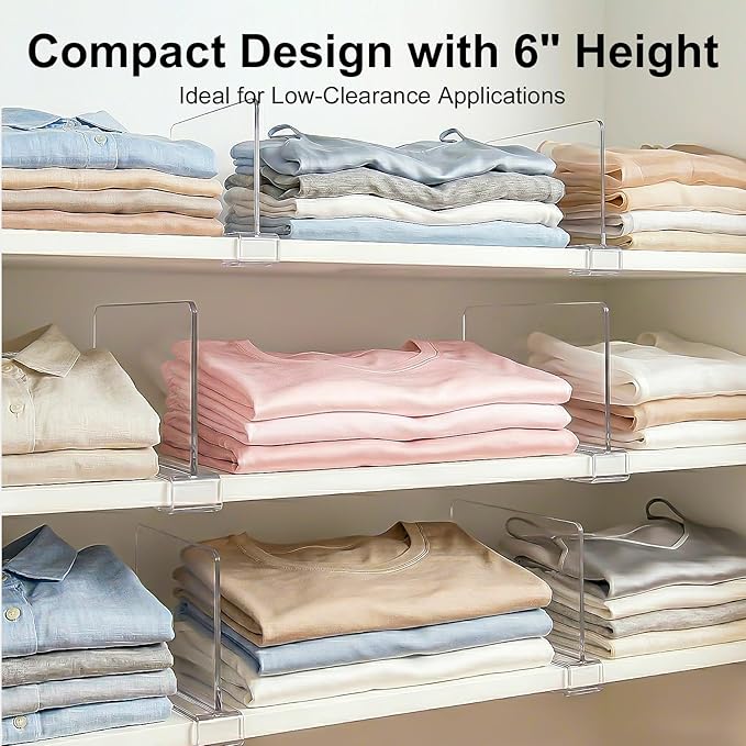 Purse Organizer for Closet Shelf Dividers: 6-inch Tall (Shorter Version) Adjustable Clear Acrylic Bag Storage Organizer for Handbags, Sweaters, Towels, Jeans and Shoes on Wood Shelves 4-Pack