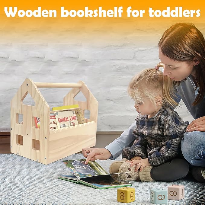 ElasignShopo Double-Sided Montessori Scalloped Bookshelf for 1-5 Years, Nursery Cute Storage for Books, House Shape Wooden Nursery Small Bookshelf, Room Furniture, Baby Bookcase 12 * 11.6 * 7.9"