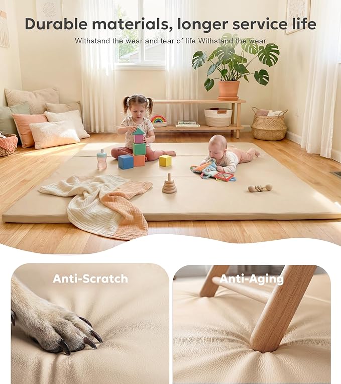 Mallify Foldable Baby Play Mat, 50''x50'' Waterproof Thicken Foam Vegan Leather Playpen Mat for Infants and Toddlers, Portable Baby Mat for Floor, Beige