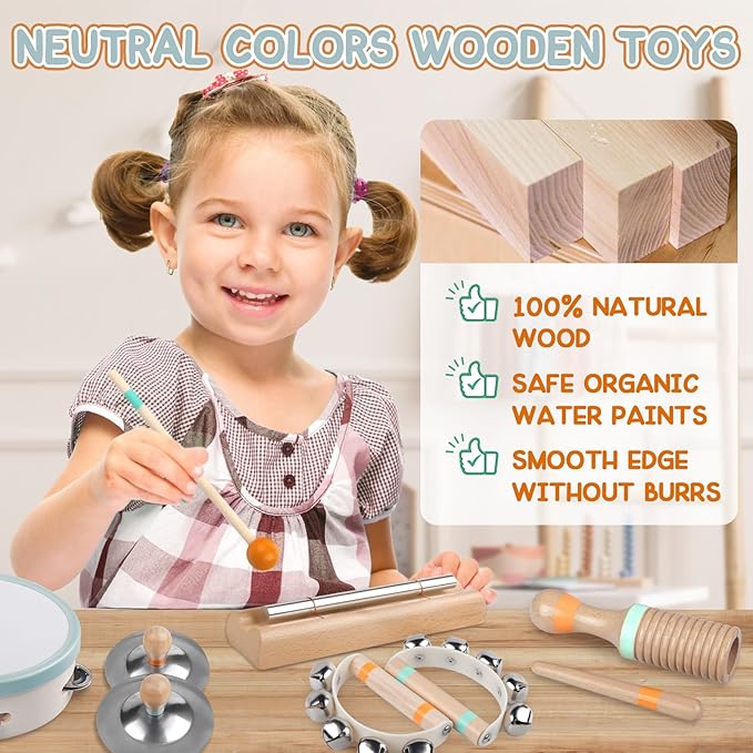 Baby Musical Instruments - Montessori Musical Toys for Toddlers 1-3, Wooden Percussion Instruments Set, Kids Preschool Educational Music Learning Toys, Birthday Gifts for Boys Girls (Neutral)