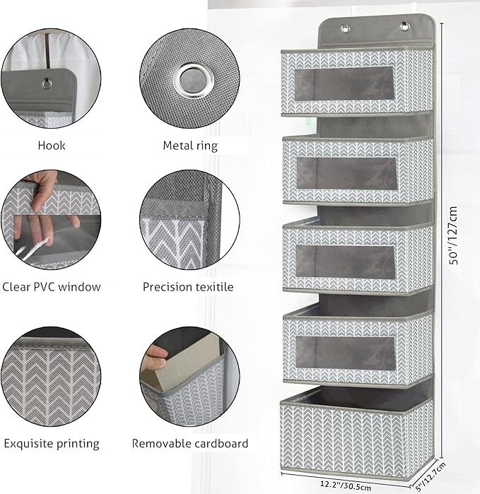 Over The Door Hanging Organizer with 5 Large Pockets - Wall Mount Pantry Storage with Clear PVC Window & 2 Big Metal Hooks for Closet,Bathroom,Nursery,Bedroom,Dorm,Baby Diapers,Kids Toys (Gray)