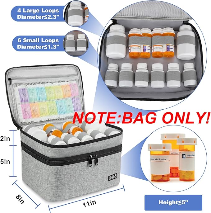 LEFOR·Z Medicine Storage Bag,Double Layers Pill Bottle Organizer Bag Empty with Lockable Zipper&Adjustable Divider,Medication Travel Carrying Bag for Pills,Vitamins,Medical Supplies,Grey
