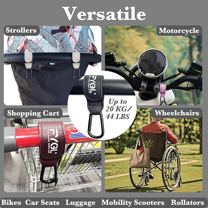 Stroller Hooks - Leather Buggy Clips, Pushchair Carabiner Clip for Bags, Easy Attachment for Pram, Universal Stroller Clips and Hooks, Stroller Accessories - Oak Red (2 Pack)