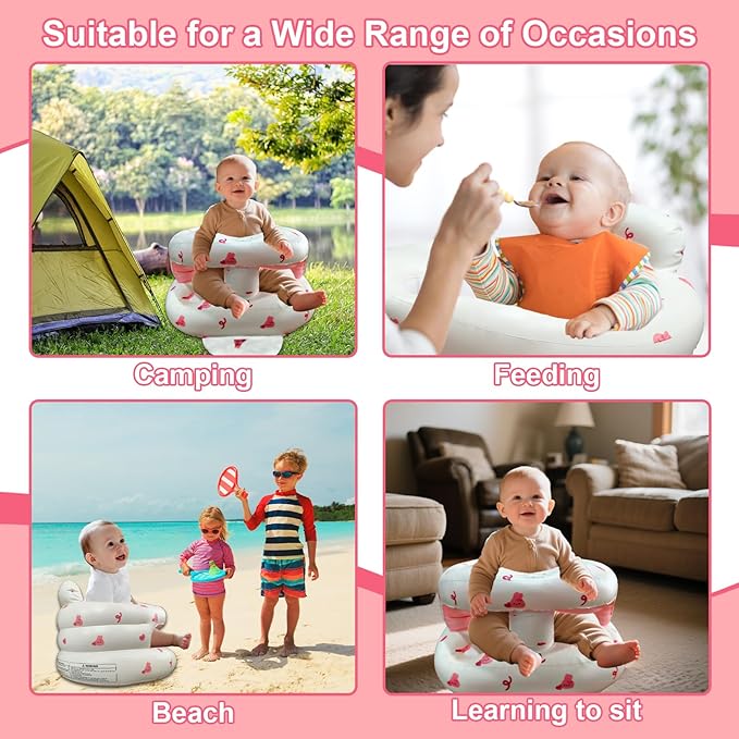 Inflatable Baby Seat for Babies 3-36 Months, Baby Chair with Fence & Built in Air Pump, Blow Up Floor Baby Seat with Back Support, Inflatable Baby Chair Sit Me Up for Home, Travel Pink Rabbit Fence