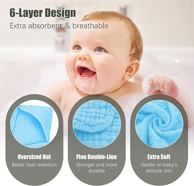 Spotted Play 2 Pack Hooded Baby Towels - 100% Muslin Cotton for Newborns, Infants, Toddlers, and Kids - Large 32x32Inch Size - Highly Absorbent and Essential for Newborn Care, White and Aqua