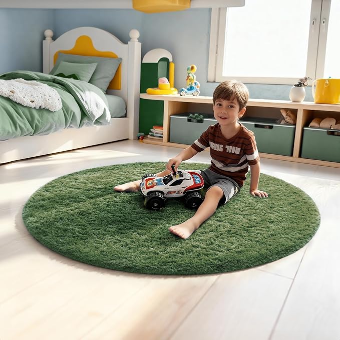 Ophanie Round Rug 4Ft Grey Green Circle Area Rug, Grayish Green Room Decor, Fluffy Fuzzy Bedroom Carpet, Plush Soft Shaggy Living Room Rugs for Kids Home Decor Aesthetic, Nursery