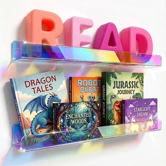 RORKIM 24 inches Iridescent Acrylic Bookshelf for Kids, Wall Mounted Kids Display Book Shelves for Room Nursery Toddler Classroom (2 Packs)