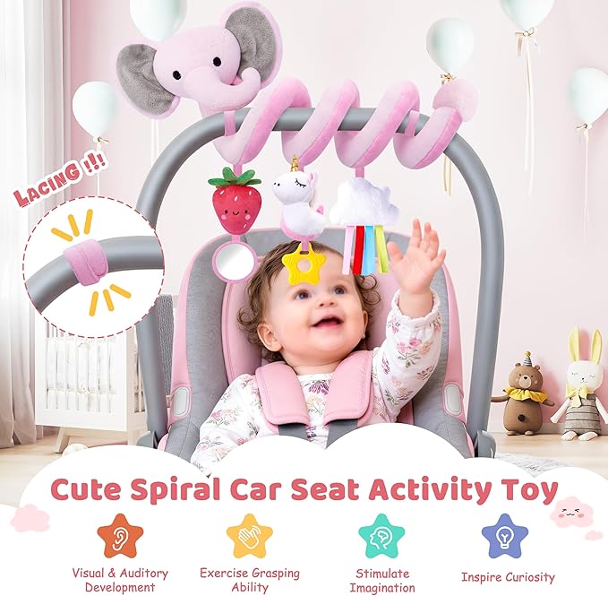 Spiral Car Seat Toys for Baby Girls 0-6 Months, Cute Pink Elephant Strawberry Stuff, Perfect Newborn Shower Gifts for Girls Essentials