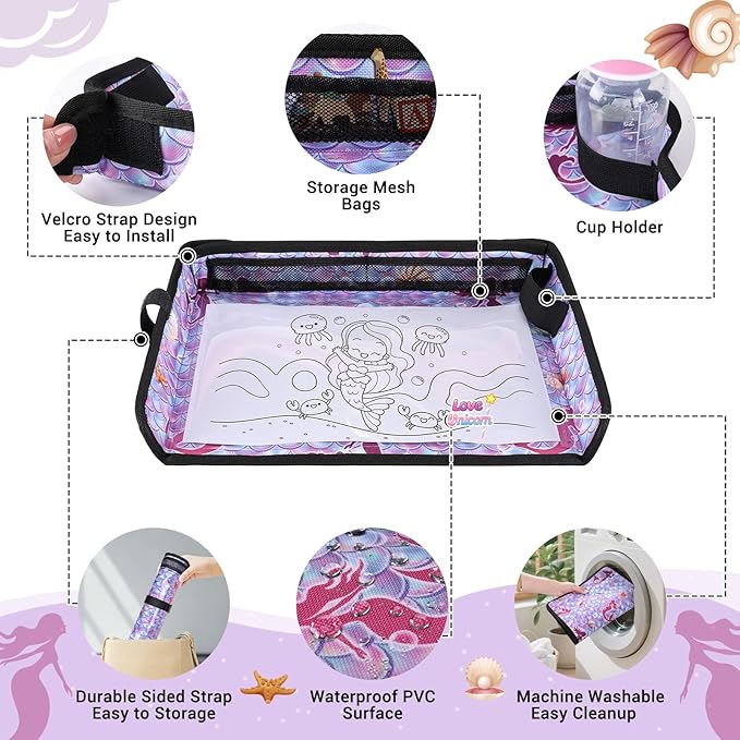 COOLBEBE Airplane Tray Table Cover, Foldable Travel Tray Cover for Toddlers 1-3, Universal Fit for Airplane, Car Seat, High Chair, Machine Washable, Mermaid