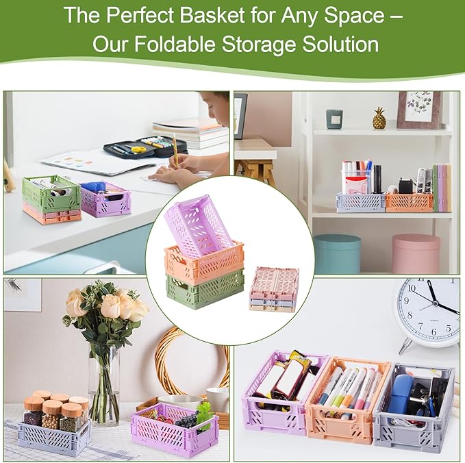 HUUSMOT 6-Pack Small Pastel Plastic Storage Baskets, Collapsible Crates for Organizing, Space-Saving Mini Bins for Classroom, Kitchen, Office, Bedroom (5.9" x 3.8" x 2.2")