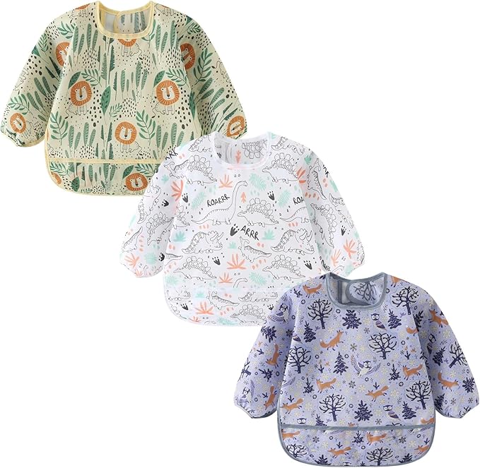 ElecMotive 3 Pack Long Sleeve Bib,Baby Smock for Eating 6-30 Months Reusable Shirt Bibs for Babies Toddler