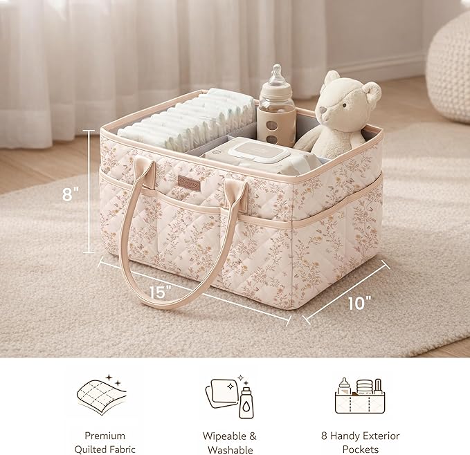 Konssy Floral Quilted Diaper Caddy Organizer, Diaper Caddy Basket with Vegan Leather Handles, Portable Nursery Storage Basket, Water-Repellent Car Organizer, Registry Search Must Haves (Floral)