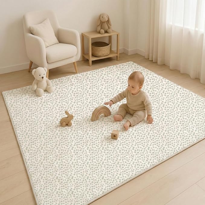 Bubba Bear Baby Play Mat, Thick Foam with Pattern Design, Foldable Waterproof Padded Crawling Mat for Babies (Green Spots, 47 x 35 Inches)