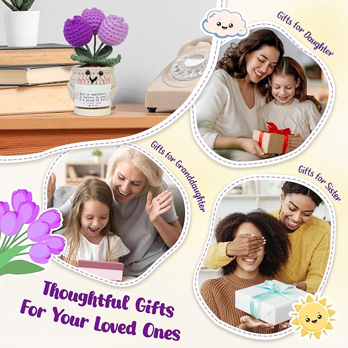 OASSIE Birthday Gifts for Daughter - Handmade Emotional Support Crochet Tulip with Card - Inspirational Appreciation Mothers Day Graduation Gifts for Women Daughter Granddaughter