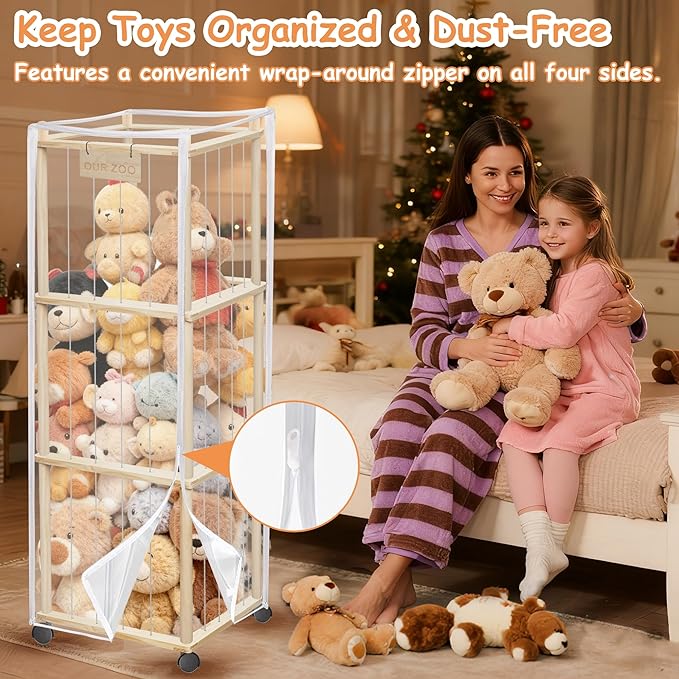 yofit 56 Inch Toy Organizer and Stuffed Animal Storage with Wheels - Zoo Storage Tower with Removable Dust-Proof Cover & Elastic Bands | for Playroom, Bedroom, Living Room Organization
