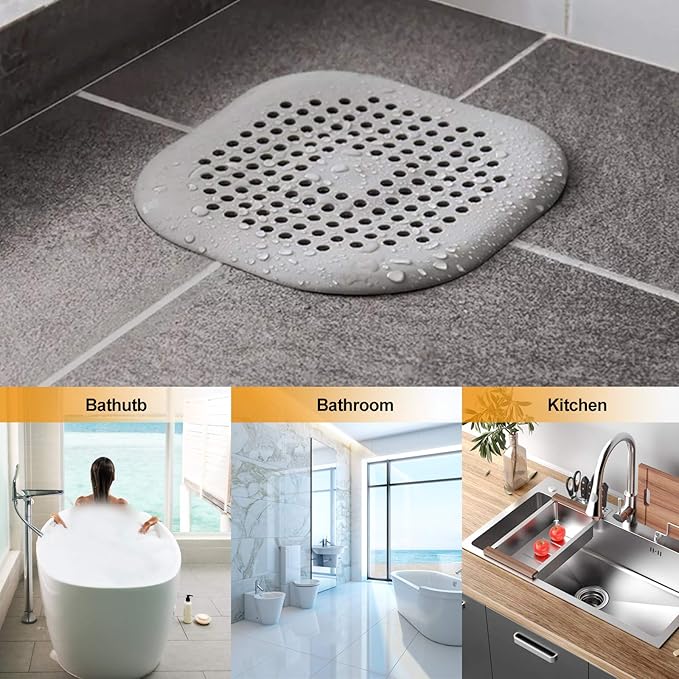 Hair Drain Catcher,Square Drain Cover for Shower Silicone Hair Stopper with Suction Cup,Easy to Install Suit for Bathroom,Bathtub,Kitchen 2 Pack (Sliver Grey)