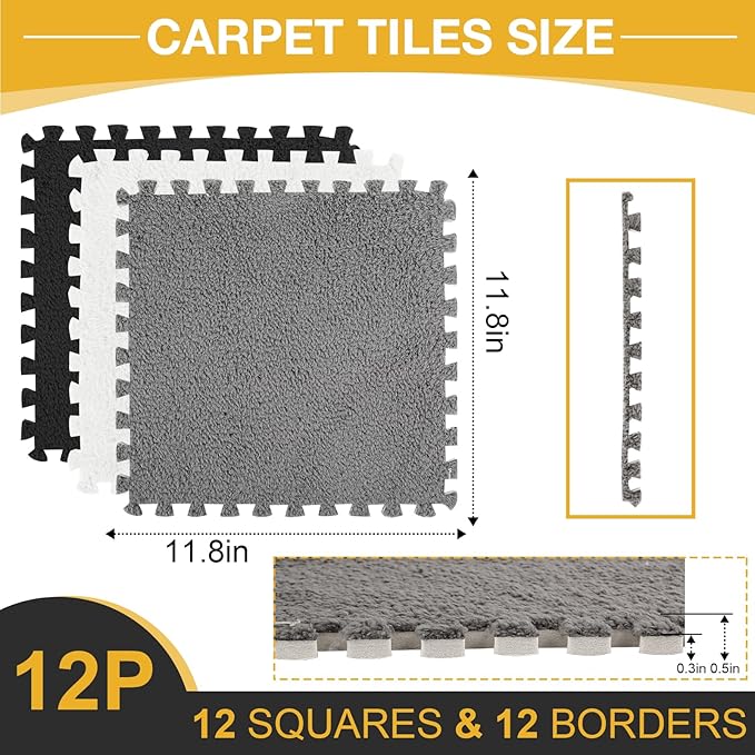 12 Pcs Plush Interlocking Carpet Tiles, Non-Toxic Foam Carpet Tiles for Toddler Baby, Anti-Slip, EVA Foam Interlocking Tiles for Floor, Nursery, Playroom, Grey White Black