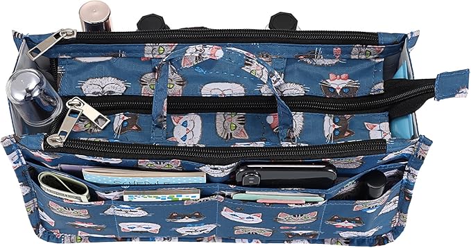 BTSKY Printing Handbag Organizers Inside Purse Insert - High Capacity 13 Pockets Bag Tote Organizer with Handle Cat