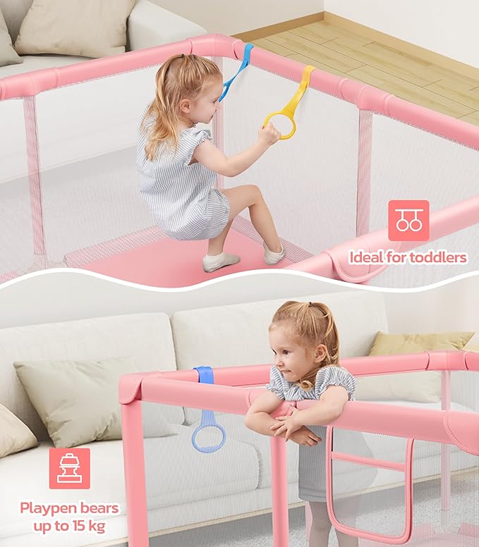 Dripex Baby Playpen, 52×52 Inch Small Playpen for Babies, Enhanced Safety Baby Play Yard for Indoor & Outdoor, Infant Play Pen with Soft Breathable Visible Mesh, Anti-Fall Design & Easy Setup, Pink