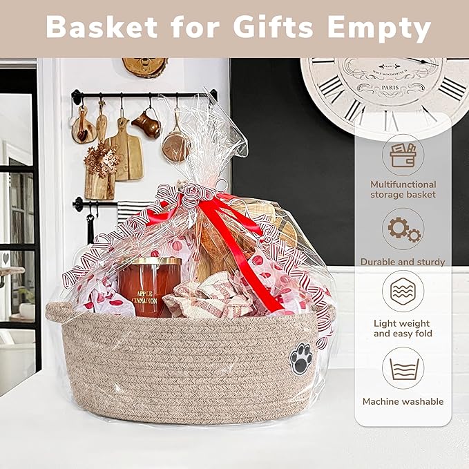 Dog Toy Basket, Woven Rope Storage Basket for Cat Toys, Diapers, Towels, Small Baby Gift Baskets for Living Room Nursery, Brown