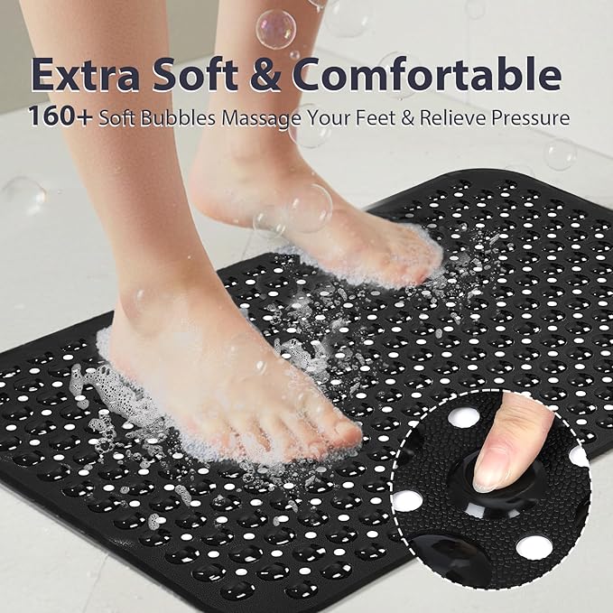 Black Bathtub Mat Shower Mat Non Slip 17x30 Inch Standard Size, Soft Bubble Bath Tub Mat Shower Mats for Inside Shower Bathroom Floor Mat with Big Suction Cups & Drain Holes, BPA-Free