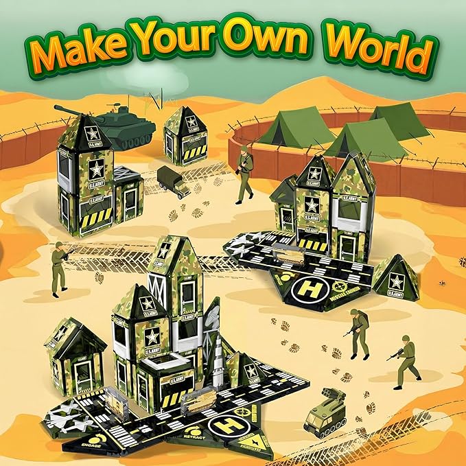 Maginoo 42PCS Mini Magnetic Tiles Army Base Travel Set with Iron Box STEM Educational Military Building Blocks Magnetic Construction Toy for Kids Ages 3 to 8 Creative Gift for Boys and Girls