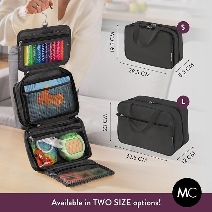 Kids Travel Organizer - Multi-Compartment, Water-Resistant Hanging Bag for Toys, Snacks, & Activities - Compact, Lightweight Design with Hook & Carry Handle - Perfect for Travel Use (Black, Small)