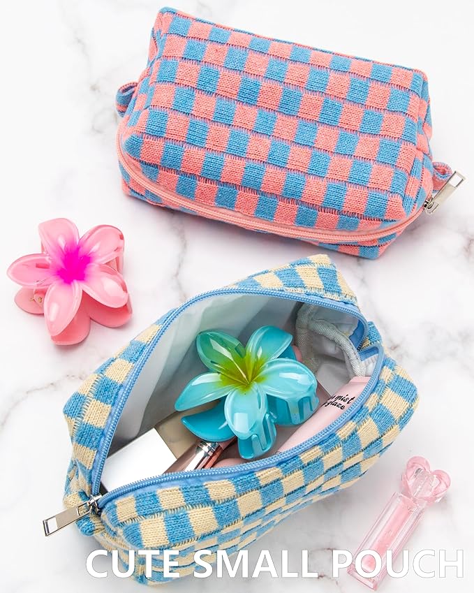 PAZIMIIK 6PCS Checkered Makeup Bag for Purse Portable Zipper Make Up Pouch Small Cosmetic Case for Travel Accessories Blue Beige