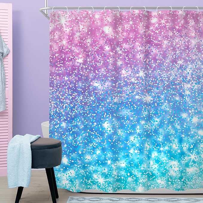 Kids Ombre Teal Shower Curtain 60Wx72H (Not Glitter) Colorful Turquoise Purple Shower Curtain for Girl Women Rainbow Polka Dots Mermaid Not Sparkle Pink Bathroom Decor Fabric with 12 Hook