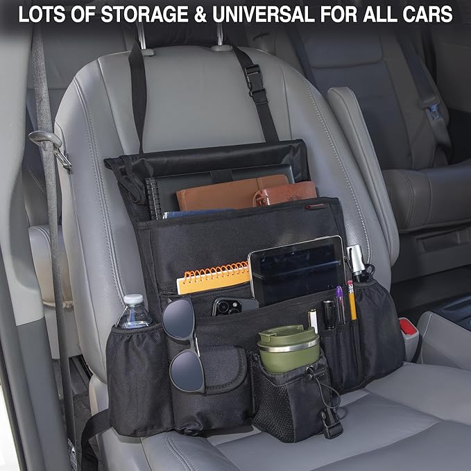 Front Seat Car Organizer with flap – Convertible into Shoulder Bag – Fits Front or Back of Seat – Heavy Duty Car Organizer with Flap with Buckle Closure