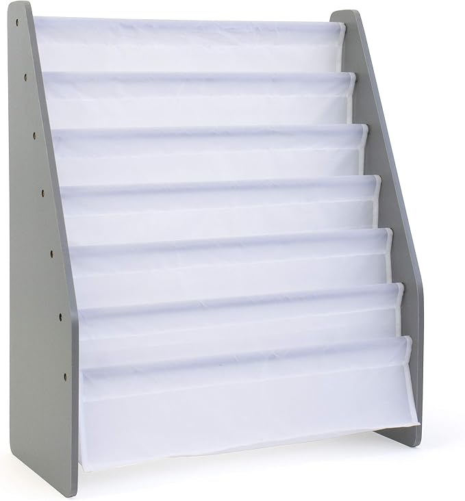 Humble Crew Kids Bookshelf 6-Tier Book Rack Organizer, Extra Large Toddler Bookcase with Fabric Storage Pockets, Front-Facing Display for Children’s Books, Grey/White, Nursery & Playroom Storage