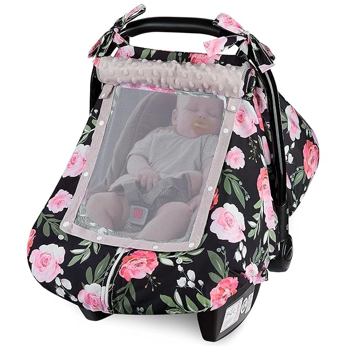 FIOBEE Baby Car Seat Cover, Car Seat Covers for Babies Infant Car Seat Canopy with Breathable Mesh Window Waterproof Carseat Cover for Babies Boy Girl 4 Seasons, Black/Flowers