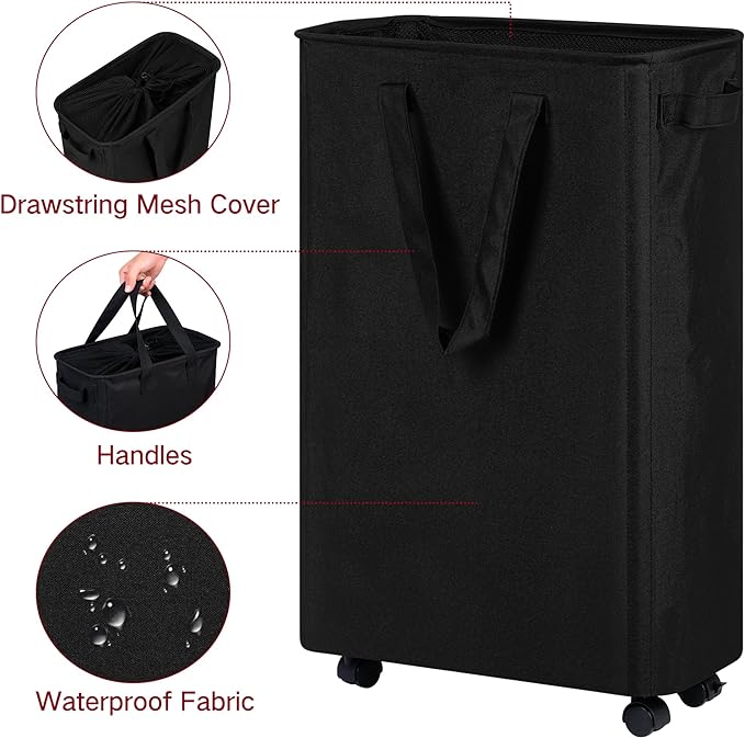 efluky Slim Laundry Hamper with Wheels, Rolling Laundry Basket for Clothes, Small Laundry Basket for Bedroom, Dorm and Laundry Room, 60L (12.7 Gallons) Black